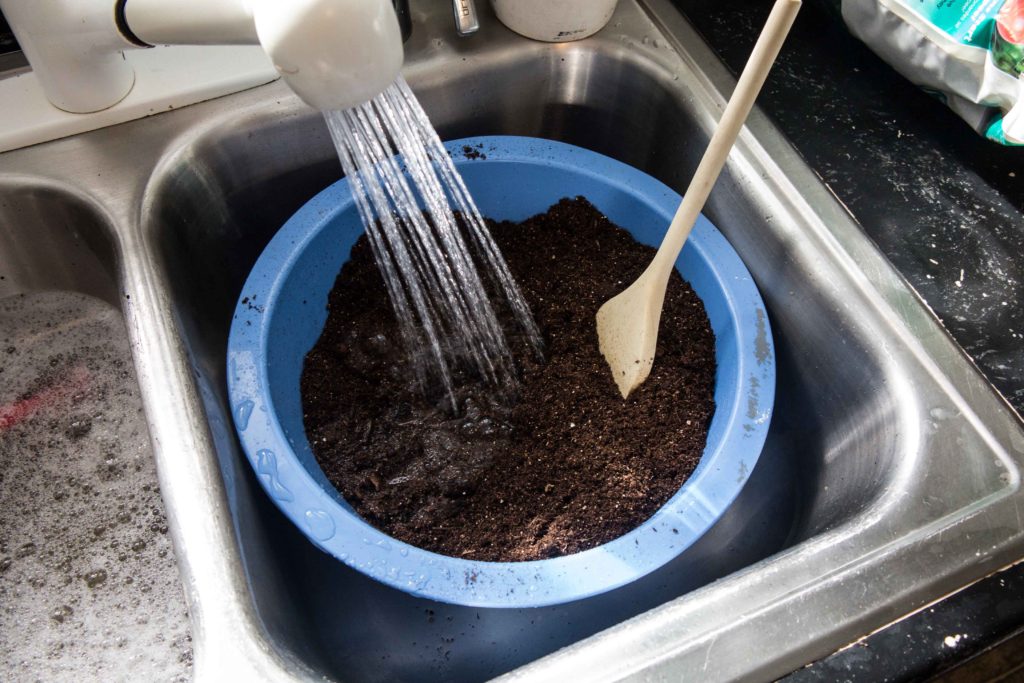 Adding water to seed starting mix 