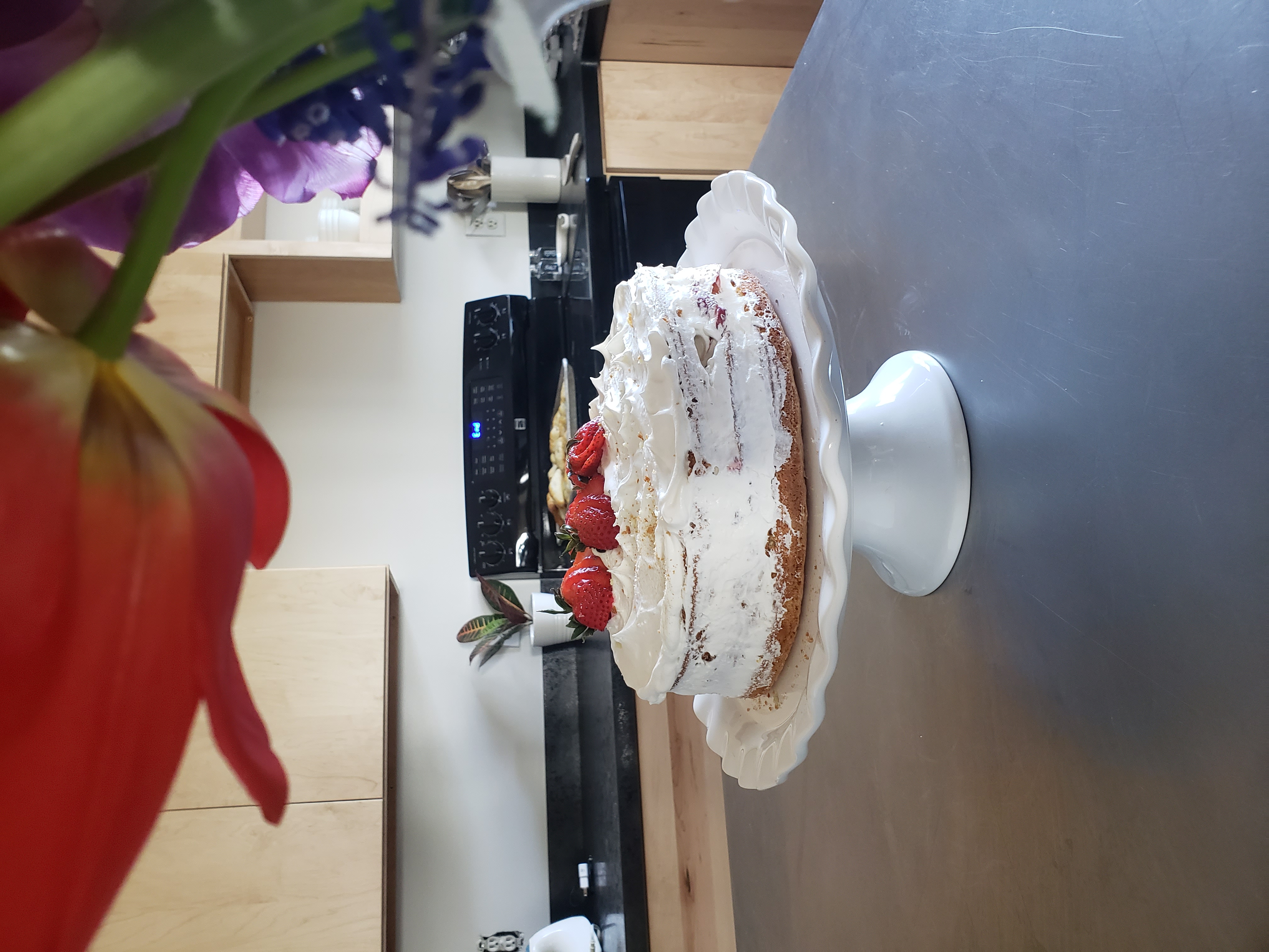 Round layered cake on a pedestal