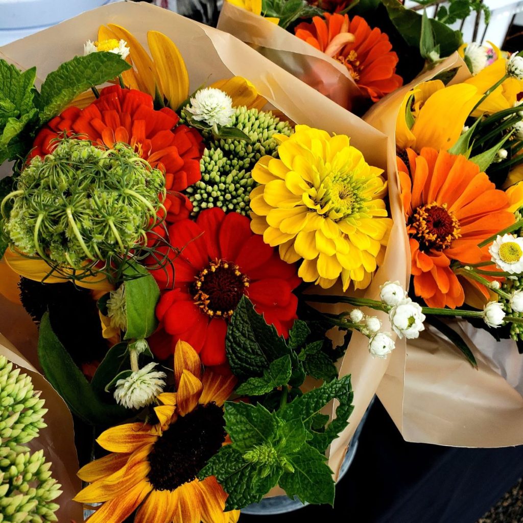 Close up of a bright bouquet of flowers.