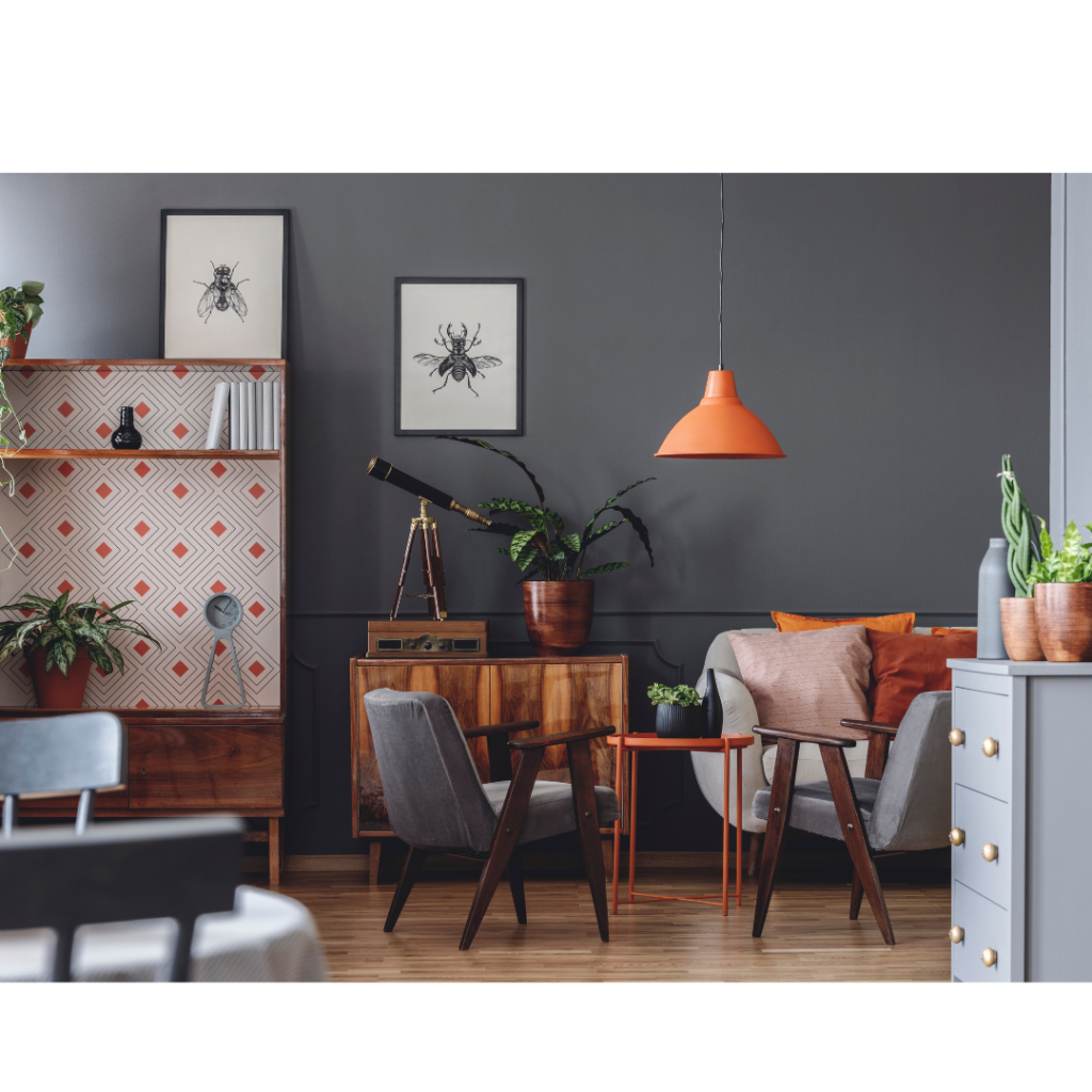 Living room with vintage decor MidCentury moden furniture in a living room