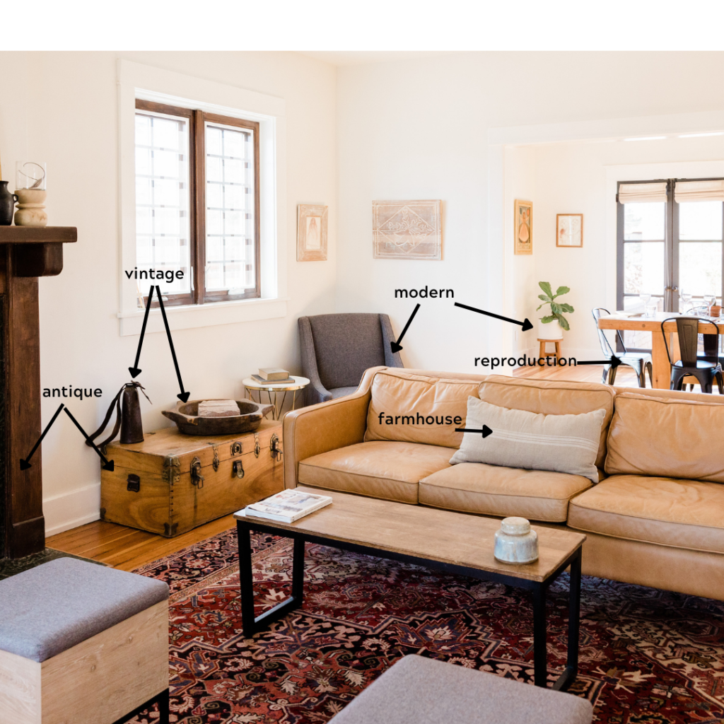 A living room with vintage items