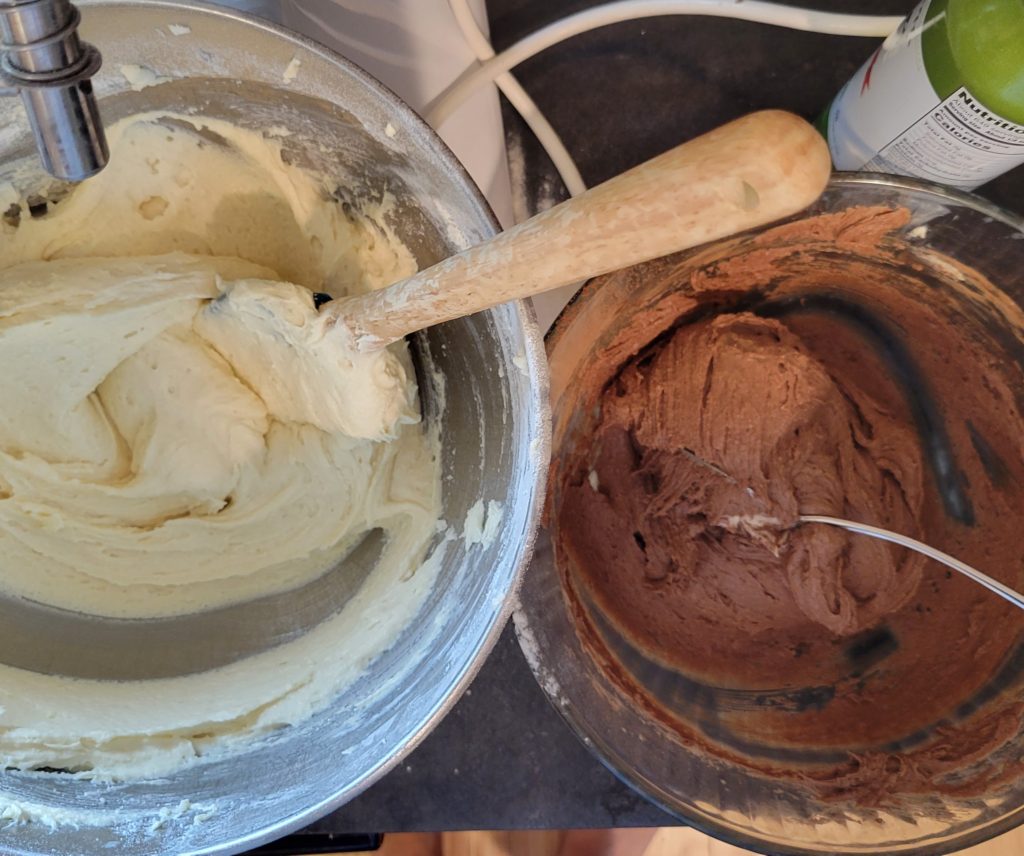 Cake batter for Finnish tiger cake. chocolate and vanilla cake batter