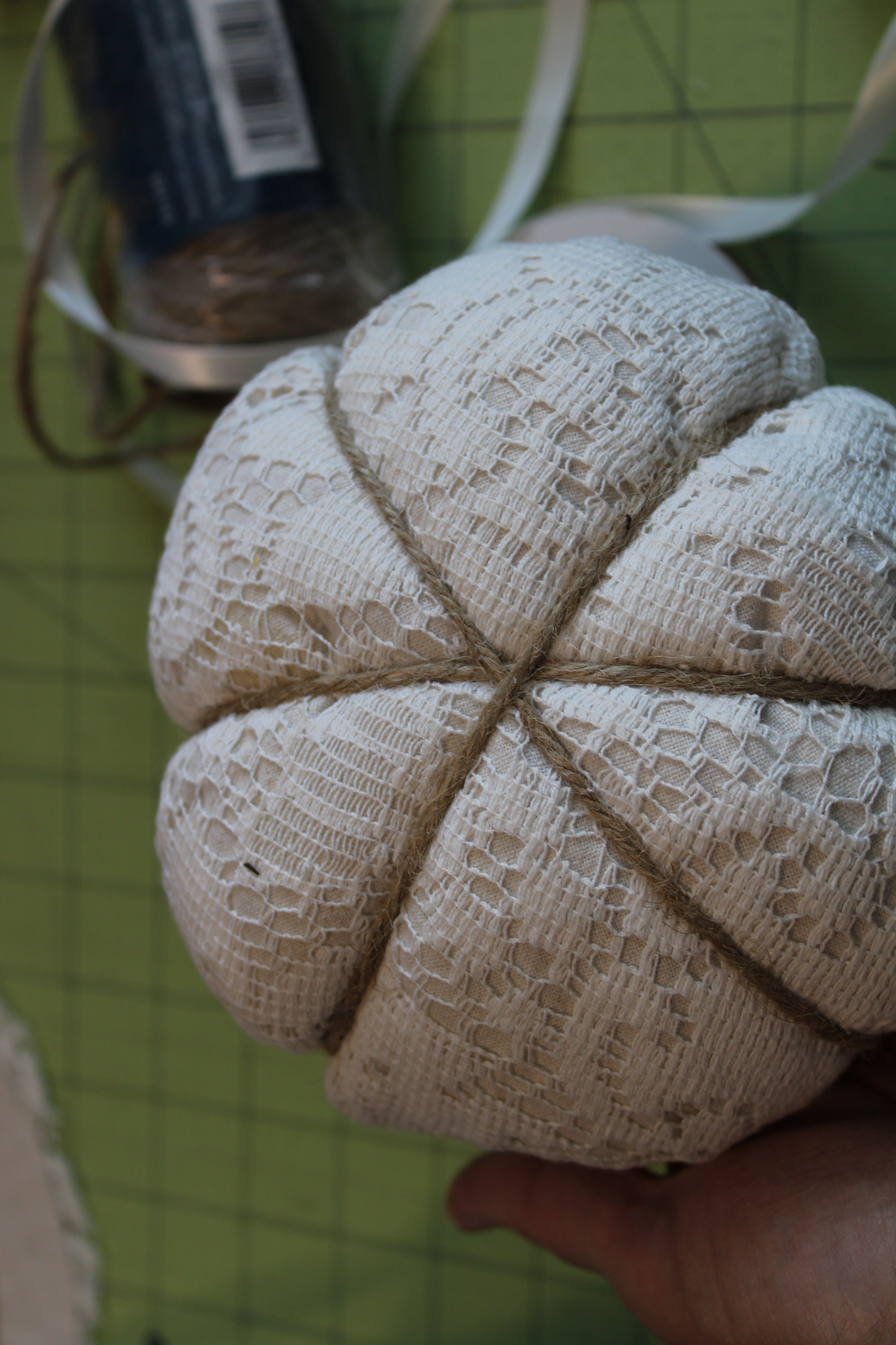 Bottom of a fabric pumpkin.